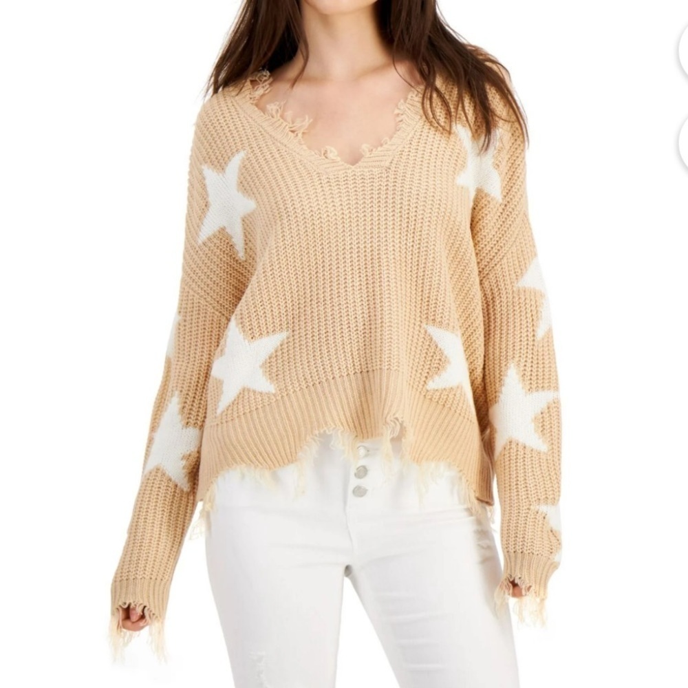 Just Polly Tan and White Distressed Star VNeck Sweater Large